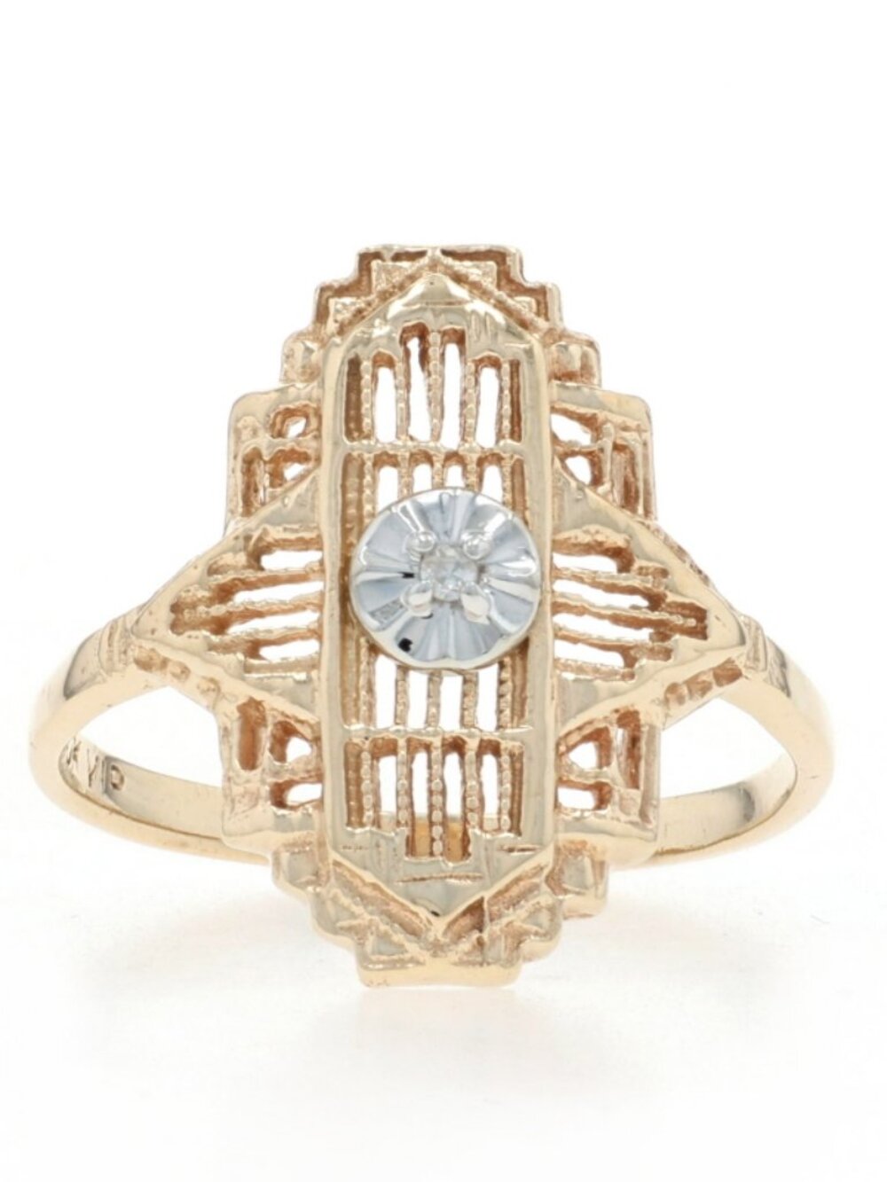 Yellow Gold Diamond Vintage Solitaire Ring - 10k Single Cut Filigree